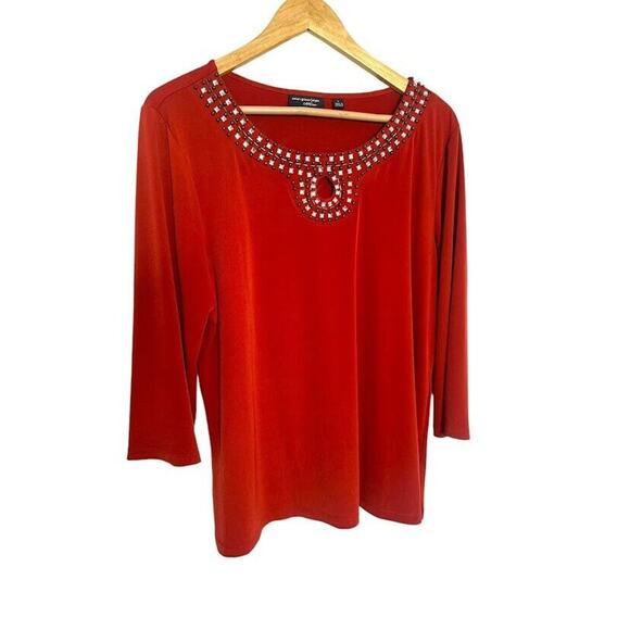 Susan Graver Artisan Top Size Large Burnt Orange Liquid Knit Beaded Blouse - Picture 1 of 5